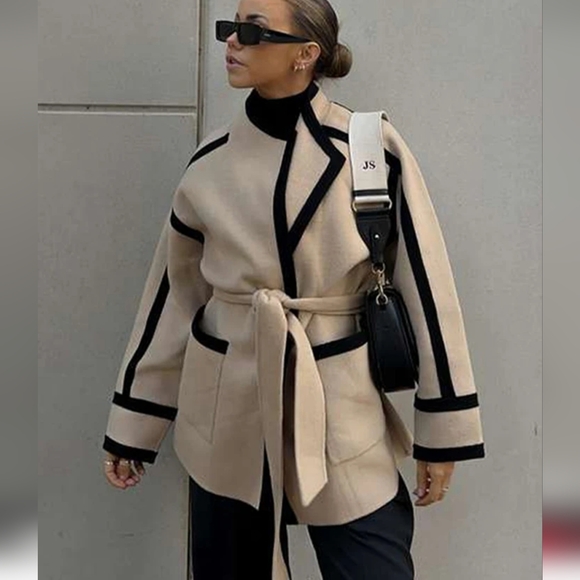 Jackets & Blazers - Striped Women's Woolen Coat Contrast Color Belts Long Sleeve Pocket Casu…